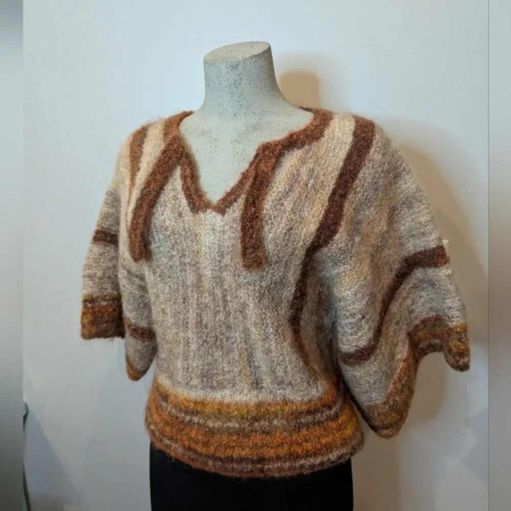 Vintage boho knit mohair Silk wool blend striped sweater kimono arm style Sz L